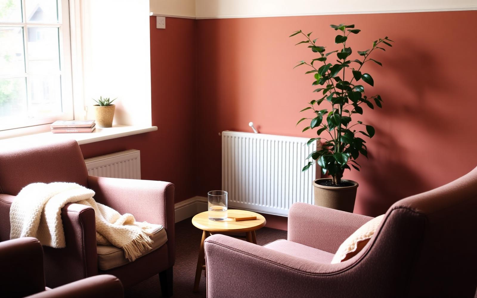 A quiet, professional therapy room in Maidstone with comfortable seating and warm lighting