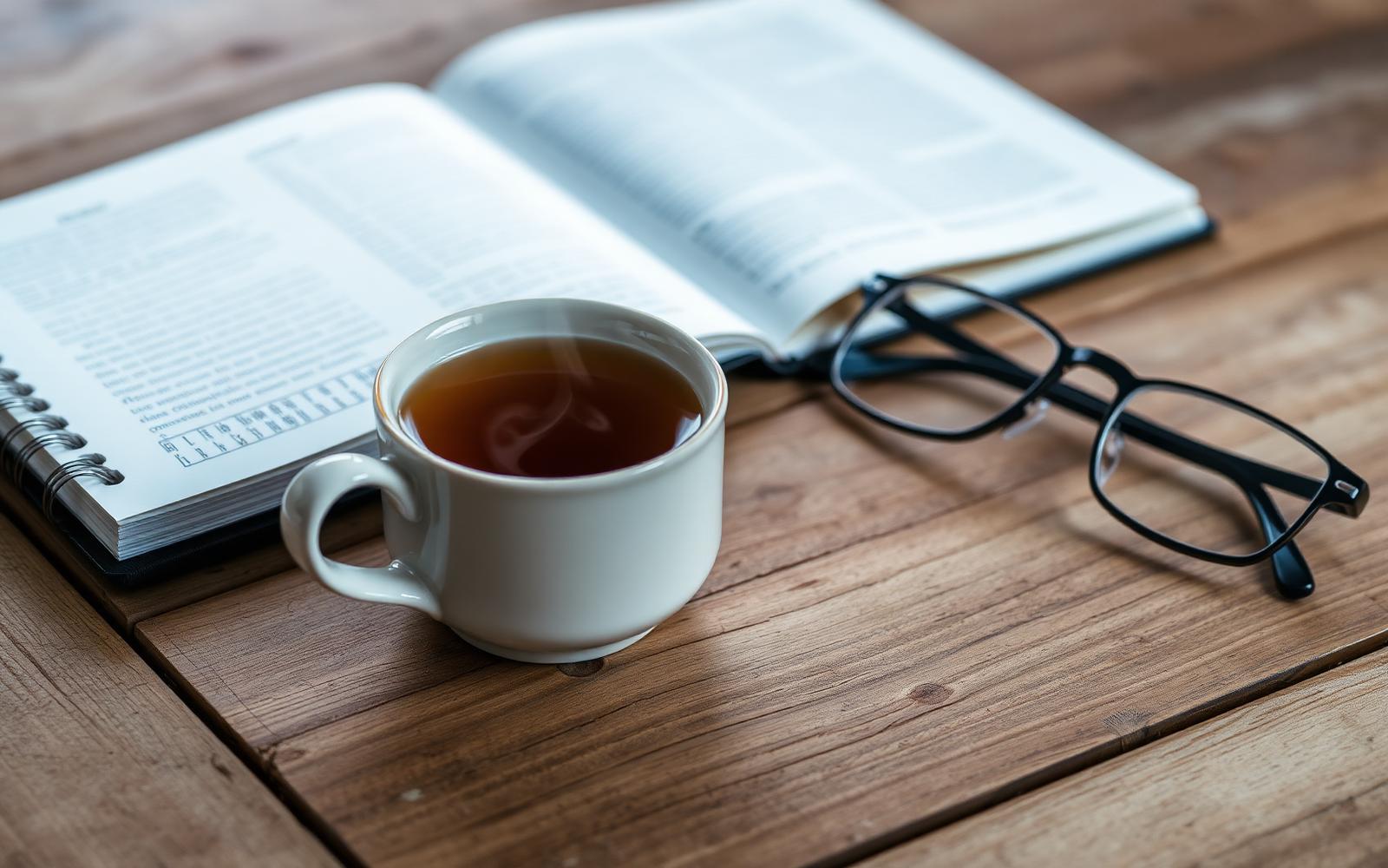 A calm notebook and warm tea setting depicting reflection and therapy preparation.